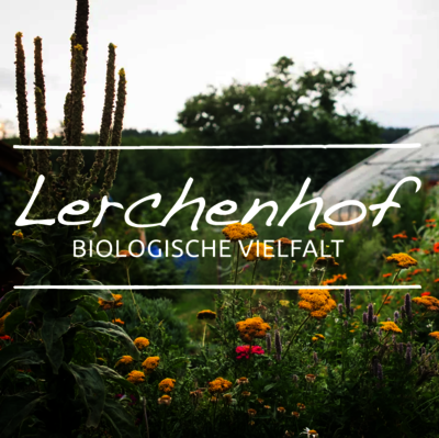 Hoffoto mit Blumen und Folientunnel, Schriftzug Lerchenhof Biologische Vielfalt