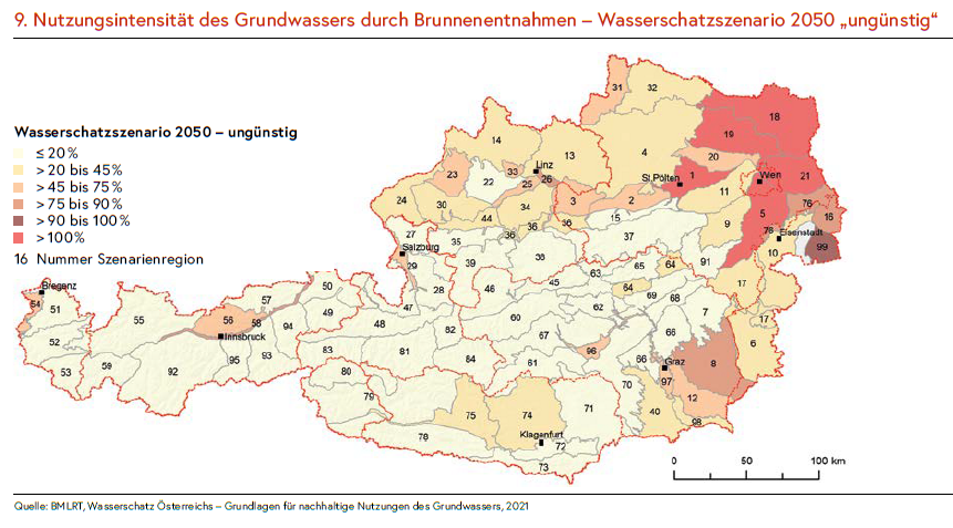 Nutzungsintensität des Grundwassers durch Brunnenentnahmen - Wasserschatzszenario 2050 "ungünstig": im Traisental über 100 %